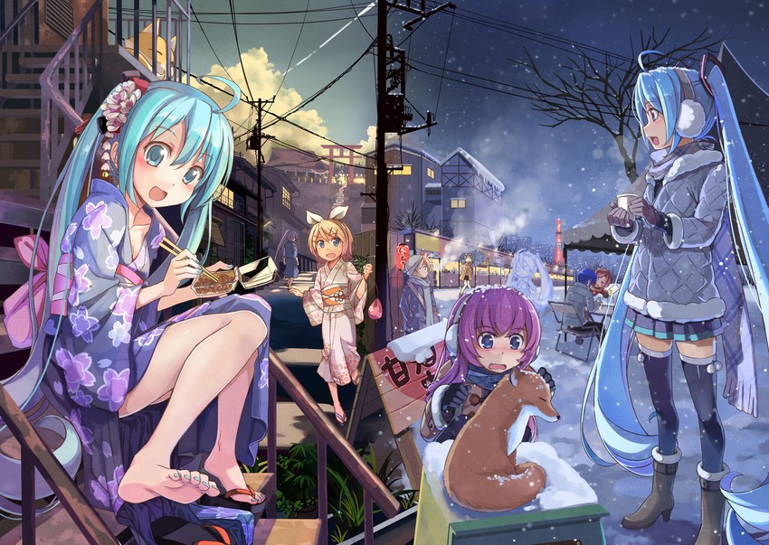 hatsune miku, kagamine rin, kagamine len, megurine luka, kaito, and 3 more (vocaloid) drawn by beek
