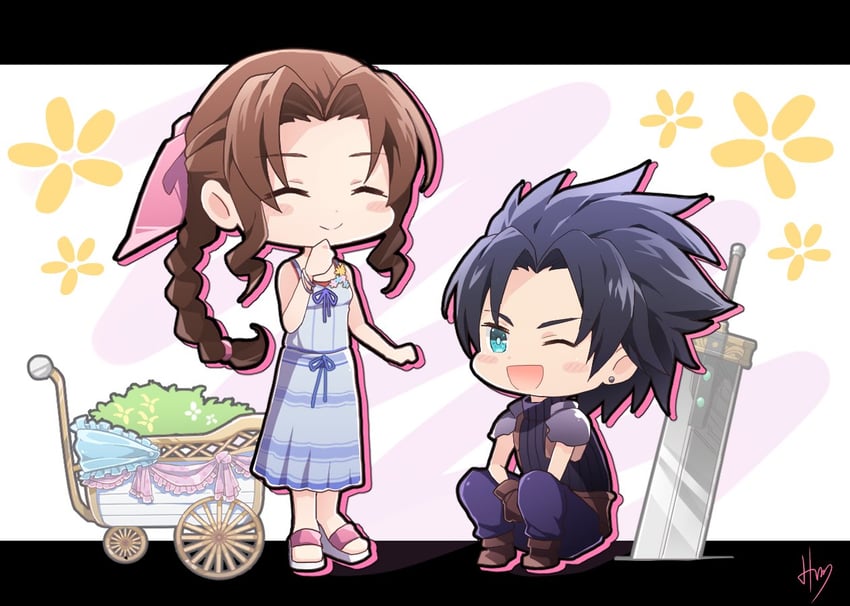 aerith gainsborough and zack fair (final fantasy and 2 more) drawn by hato_(hato1616)