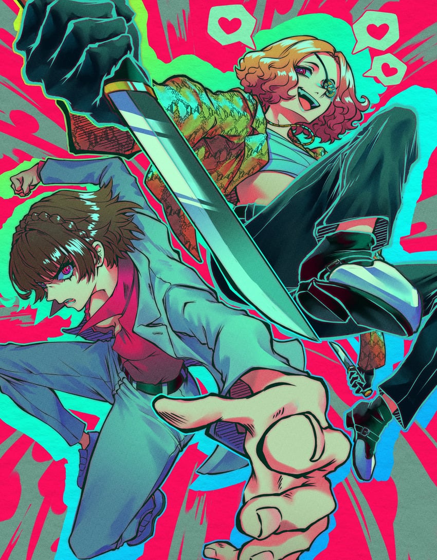 niijima makoto, okumura haru, kiryu kazuma, and majima goro (persona and 2 more) drawn by andrich_galam