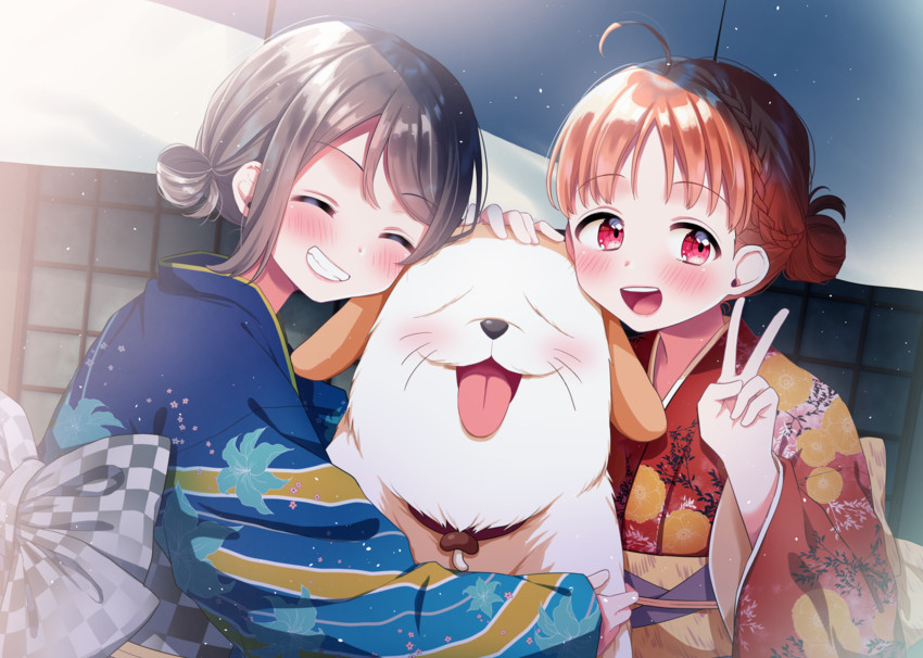 watanabe you, takami chika, and shiitake (love live! and 1 more) drawn by hina_(hinalovesugita)