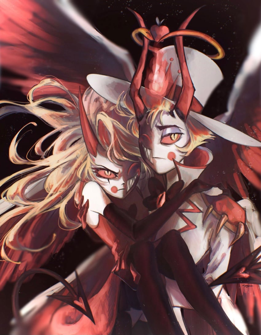 lucifer morningstar and charlie morningstar (hazbin hotel) drawn by aripyon