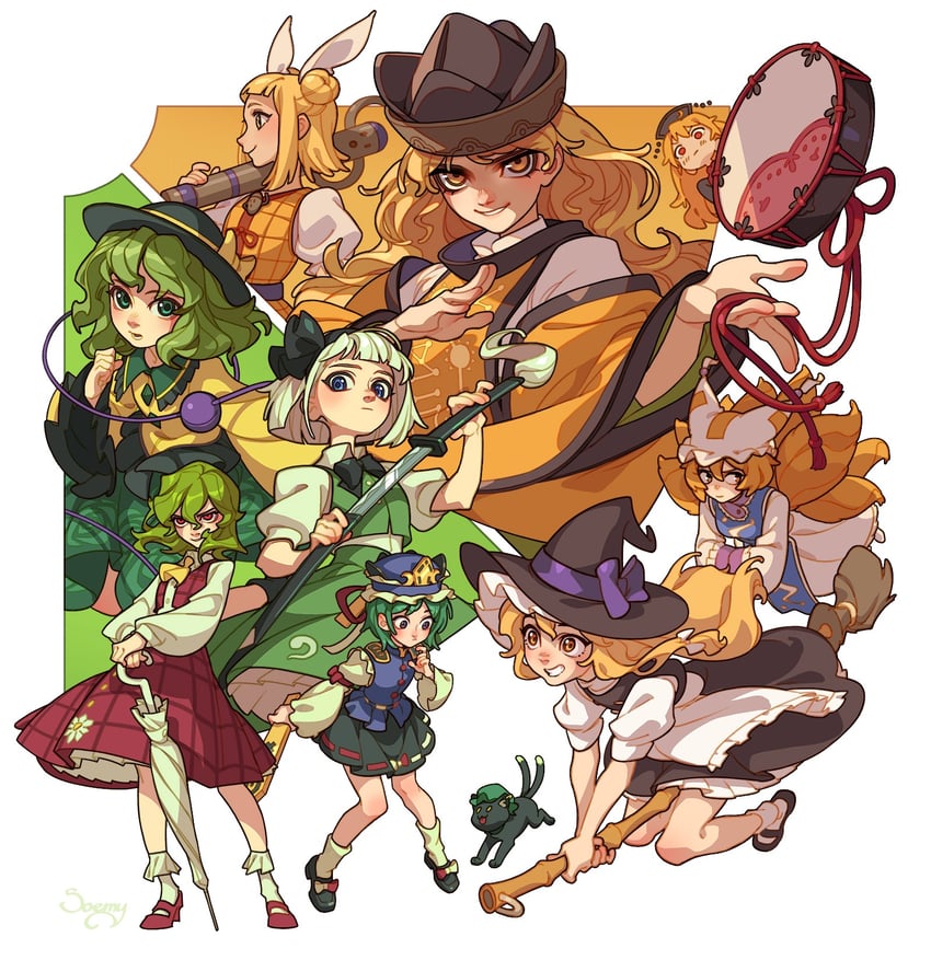 kirisame marisa, komeiji koishi, konpaku youmu, yakumo ran, chen, and 5 more (touhou) drawn by soemy