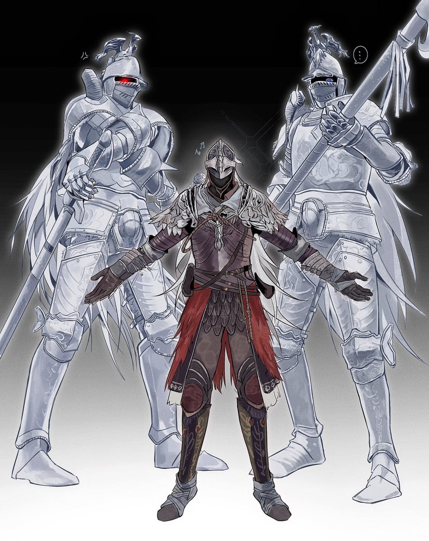 tarnished, bloody wolf, banished knight oleg, and banished knight engvall (elden ring) drawn by cybfaazx8lyvkca