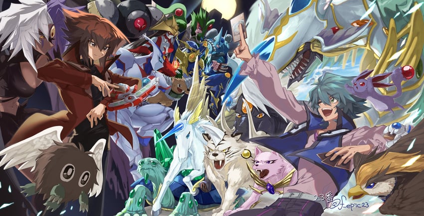 yubel, johan andersen, winged kuriboh, elemental hero neos, crystal beast ruby carbuncle, and 13 more (yu-gi-oh! and 1 more) drawn by n_23
