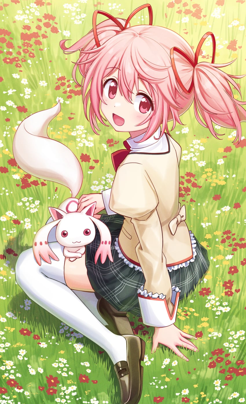 kaname madoka and kyubey (mahou shoujo madoka magica) drawn by deadnooodles