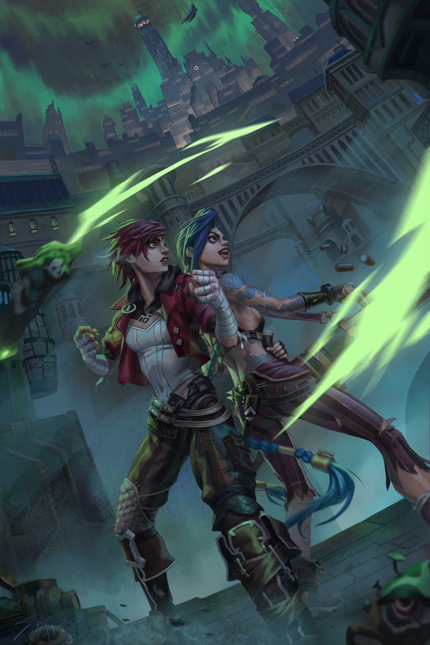 jinx, vi, arcane jinx, and arcane vi (league of legends and 1 more) drawn by hetianku