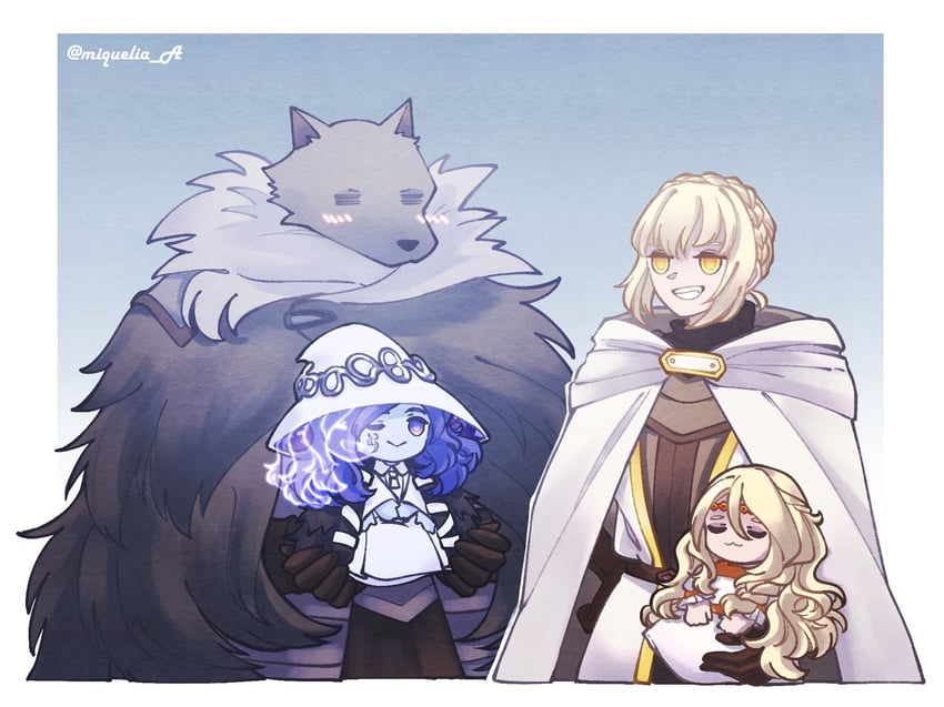 ranni the witch, miquella, blaidd the half-wolf, needle knight leda, and miniature ranni (elden ring and 1 more) drawn by miqueliafantasia