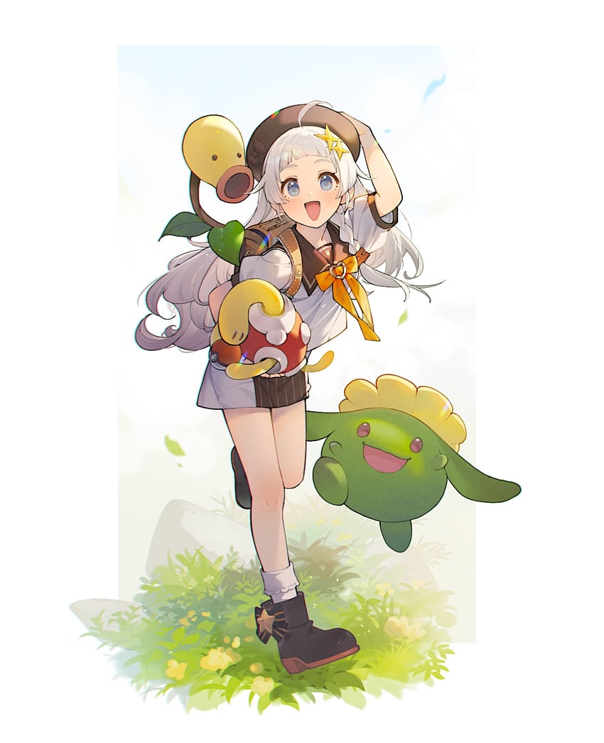 kizuna akari, skiploom, shuckle, and bellsprout (pokemon and 2 more) drawn by shirinda_fureiru