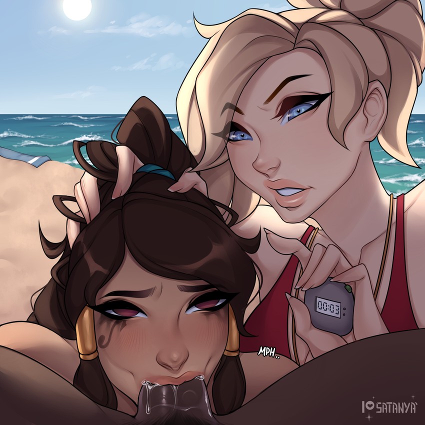 mercy, pharah, and lifeguard pharah (overwatch and 1 more) drawn by satanya