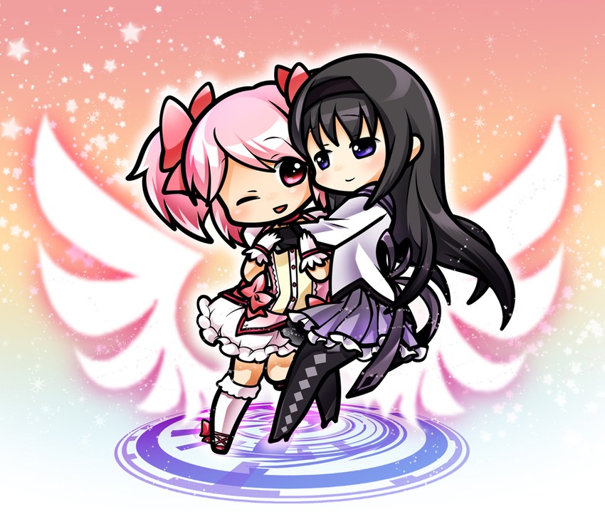 akemi homura and kaname madoka (mahou shoujo madoka magica) drawn by munyumunyu