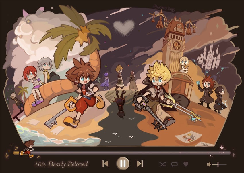 sora, roxas, kairi, riku, aqua, and 8 more (kingdom hearts) drawn by momoppi