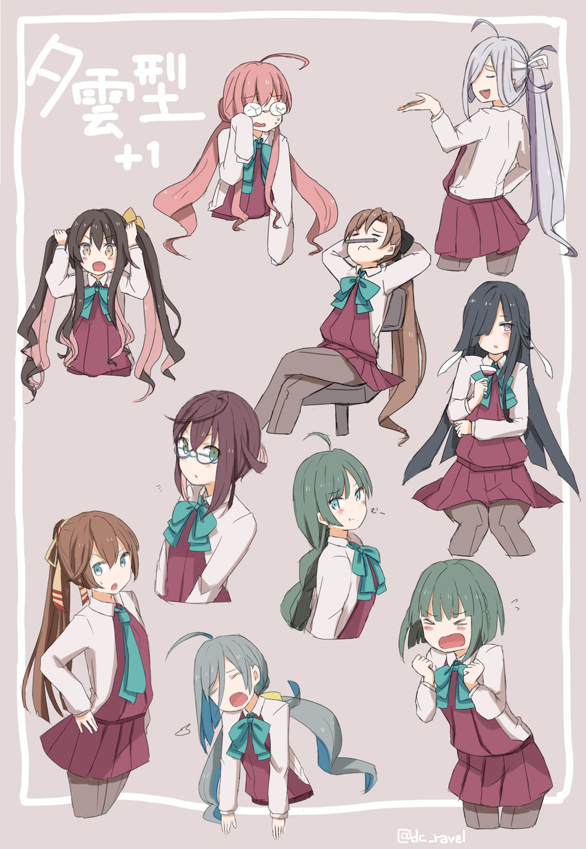 naganami, akigumo, kiyoshimo, makigumo, yuugumo, and 5 more (kantai collection) drawn by riz_(ravel_dc)