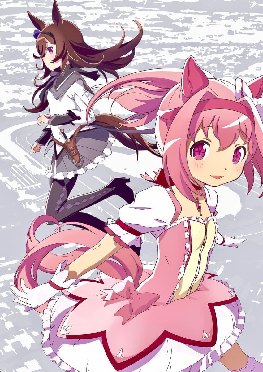 akemi homura, kaname madoka, rice shower, and haru urara (umamusume and 1 more) drawn by moko39_takasora