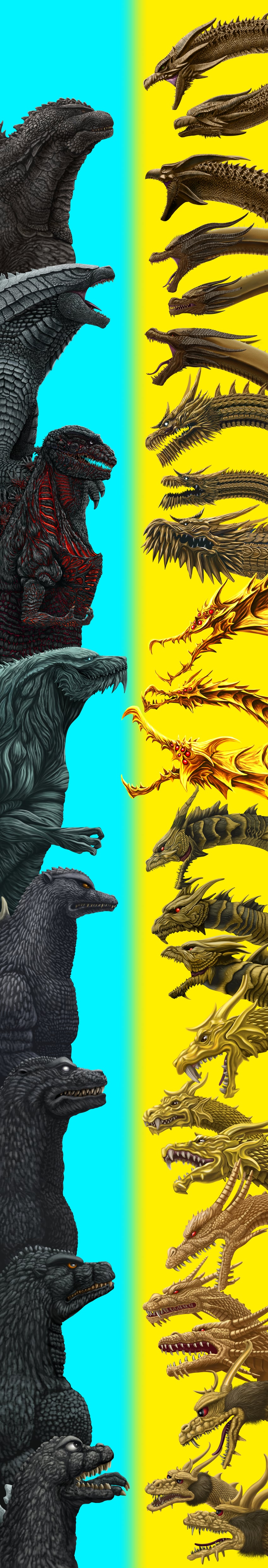 godzilla, king ghidorah, keizer ghidorah, and ghidorah (godzilla and 7 more) drawn by amanatto