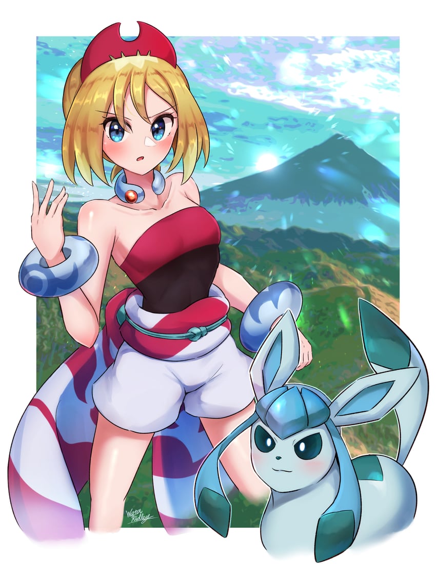 glaceon and irida (pokemon and 1 more) drawn by wakaba_(wata_ridley)