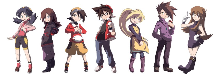 red, ethan, blue oak, silver, kris, and 2 more (pokemon and 1 more) drawn by mutsuki_riichi