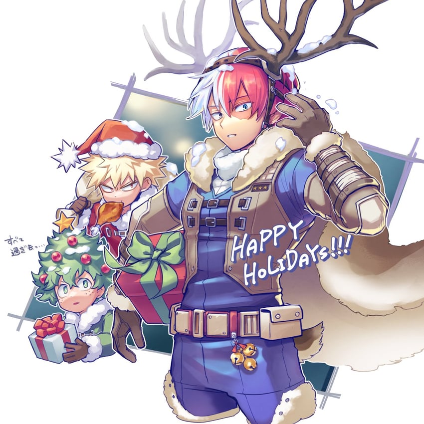 midoriya izuku, bakugou katsuki, and todoroki shoto (boku no hero academia) drawn by mecyo_(mamezurushiki)