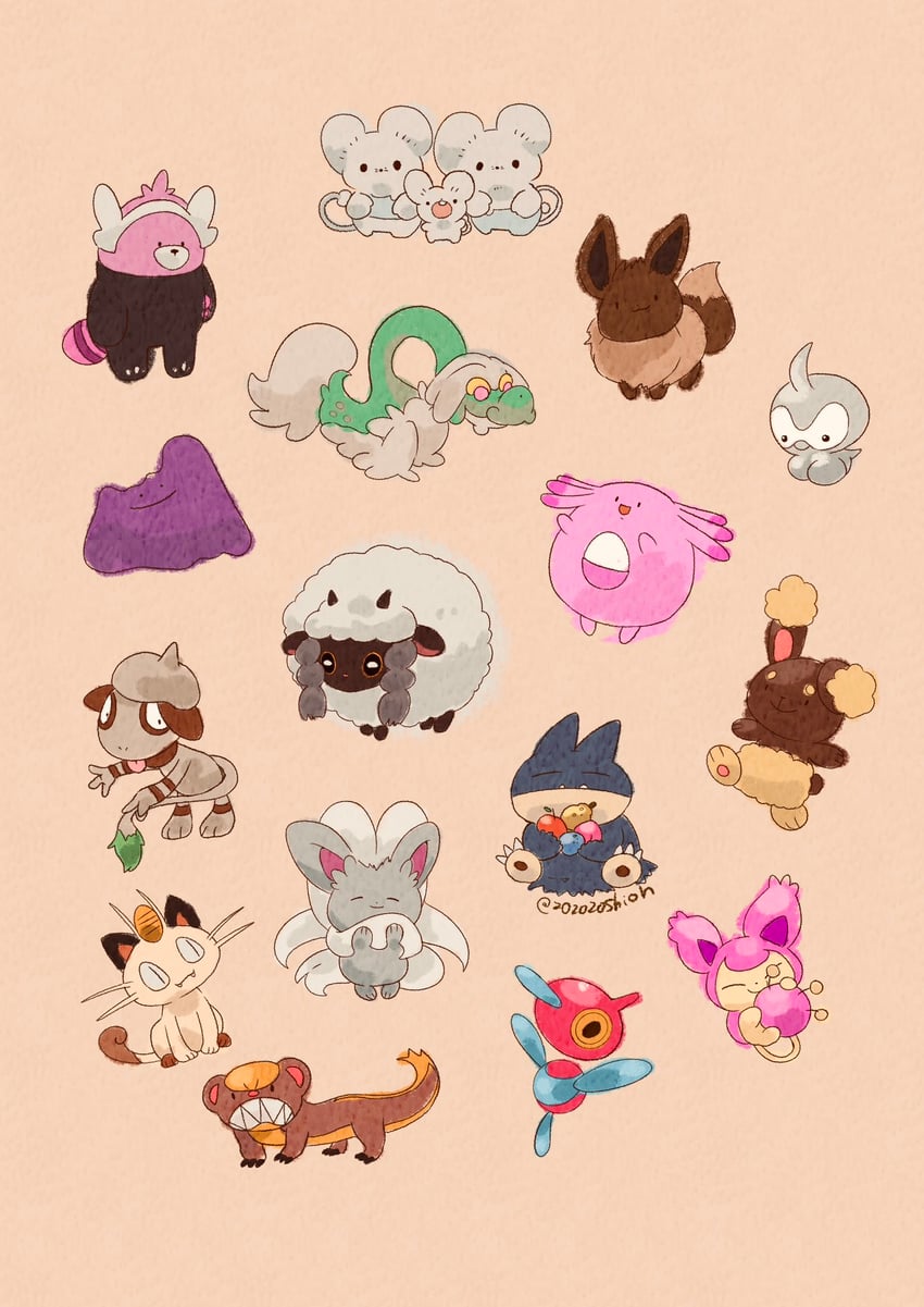 eevee, meowth, ditto, wooloo, buneary, and 11 more (pokemon) drawn by zozozoshion