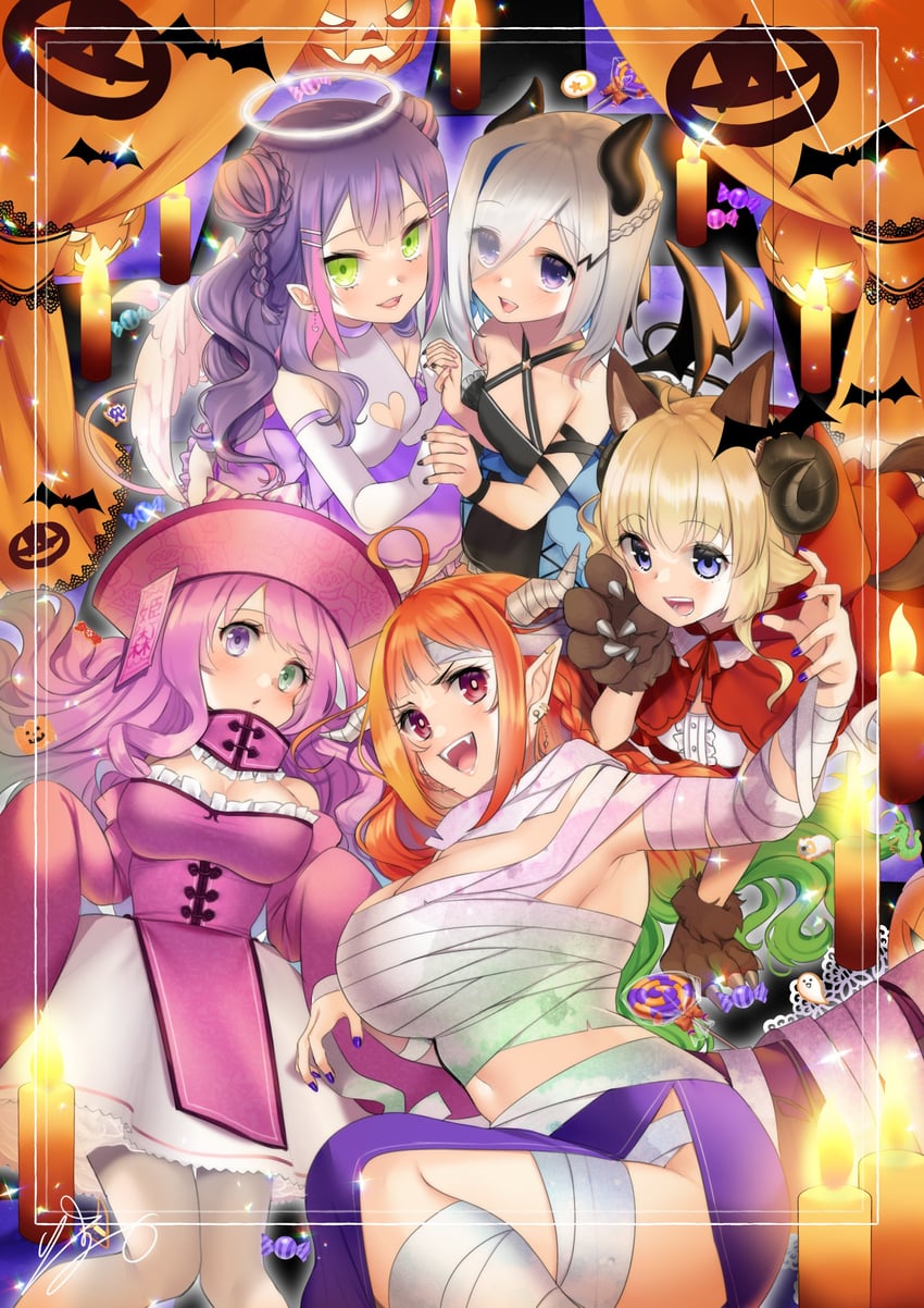 tokoyami towa, amane kanata, kiryu coco, tsunomaki watame, and himemori luna (hololive) drawn by isuka
