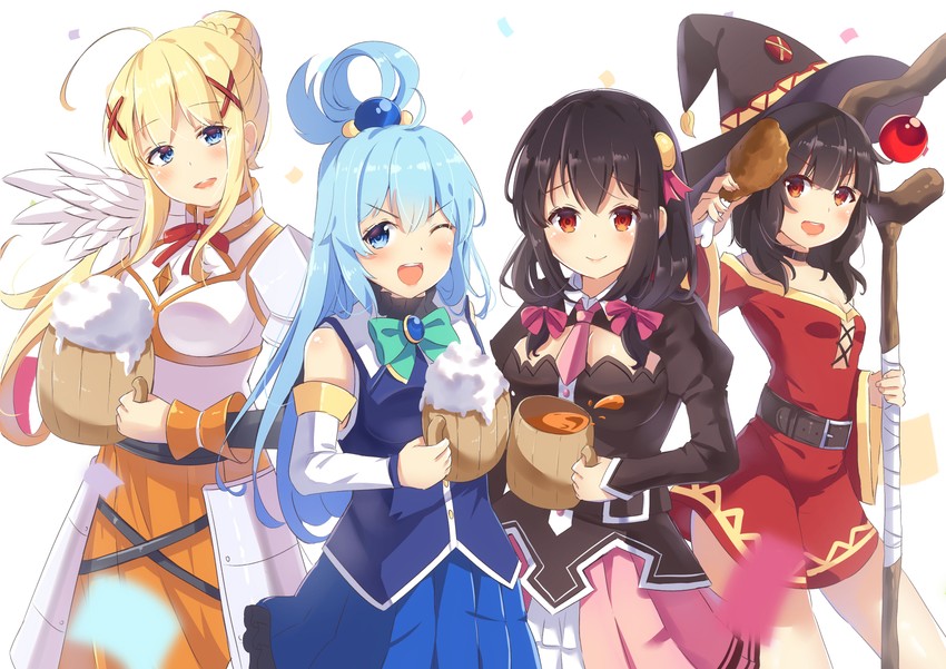 megumin, aqua, darkness, and yunyun (kono subarashii sekai ni shukufuku wo!) drawn by holmemee