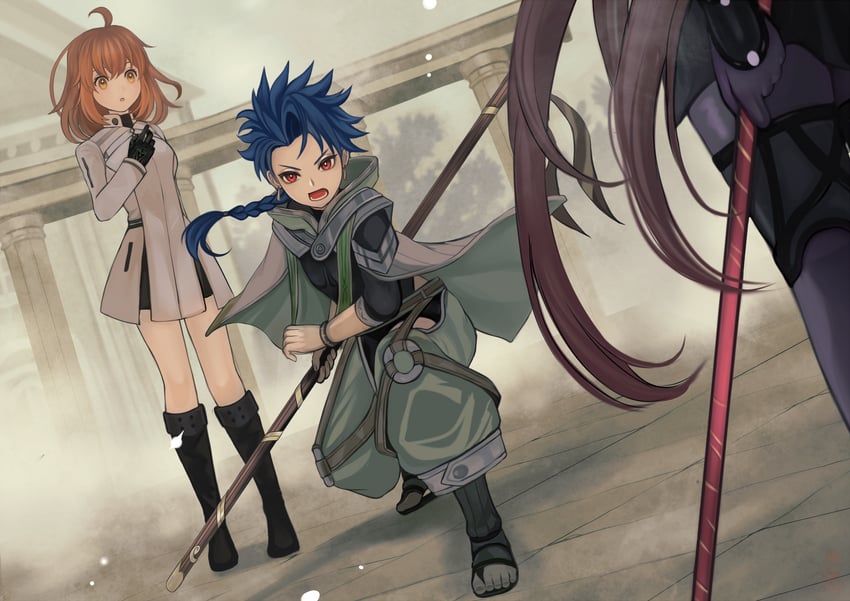 fujimaru ritsuka, scathach, cu chulainn, and setanta (fate and 1 more) drawn by ushijiya