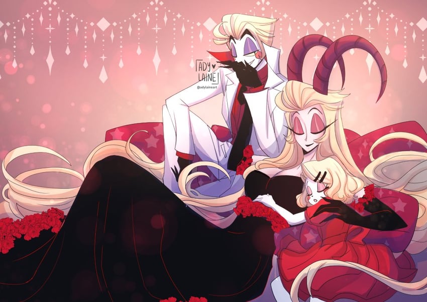 lucifer morningstar, charlie morningstar, and lilith (hazbin hotel) drawn by adylaineart
