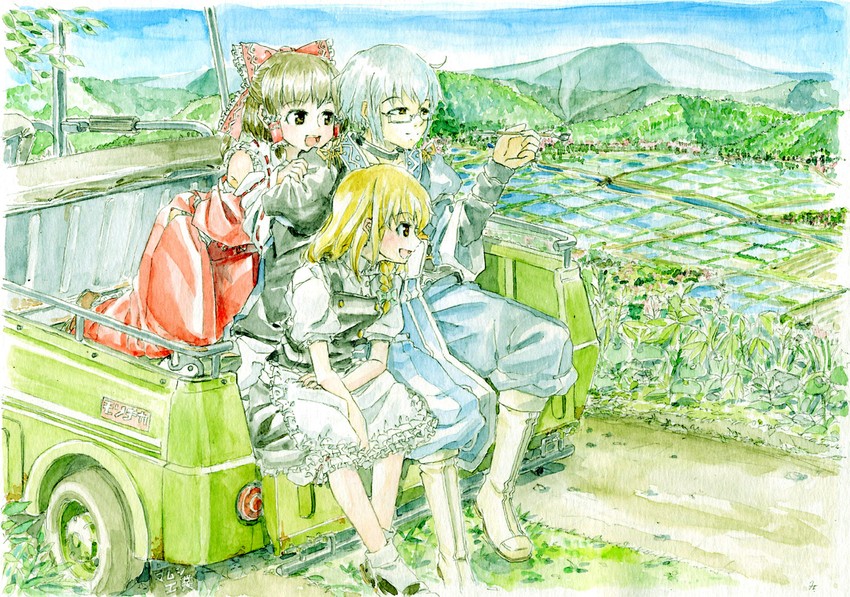 hakurei reimu, kirisame marisa, and morichika rinnosuke (touhou and 1 more) drawn by master_(4th)