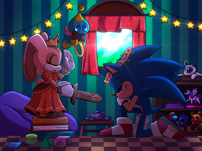 sonic the hedgehog, cream the rabbit, and neutral chao (sonic) drawn by vanessasonica