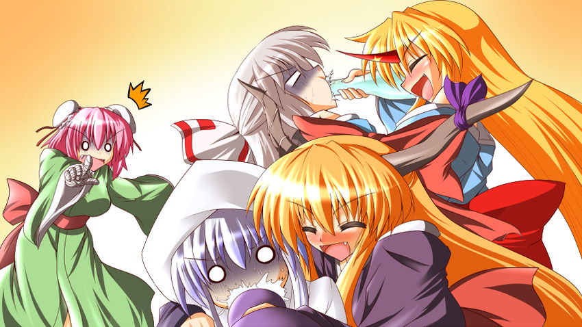 fujiwara no mokou, kamishirasawa keine, ibuki suika, hoshiguma yuugi, and ibaraki kasen (touhou) drawn by hagami495