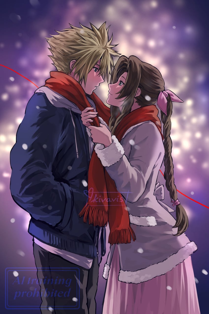 cloud strife and aerith gainsborough (final fantasy and 2 more) drawn by kivavis