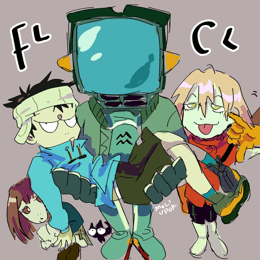 haruhara haruko, samejima mamimi, nandaba naota, canti, and takkun (flcl) drawn by moliupok