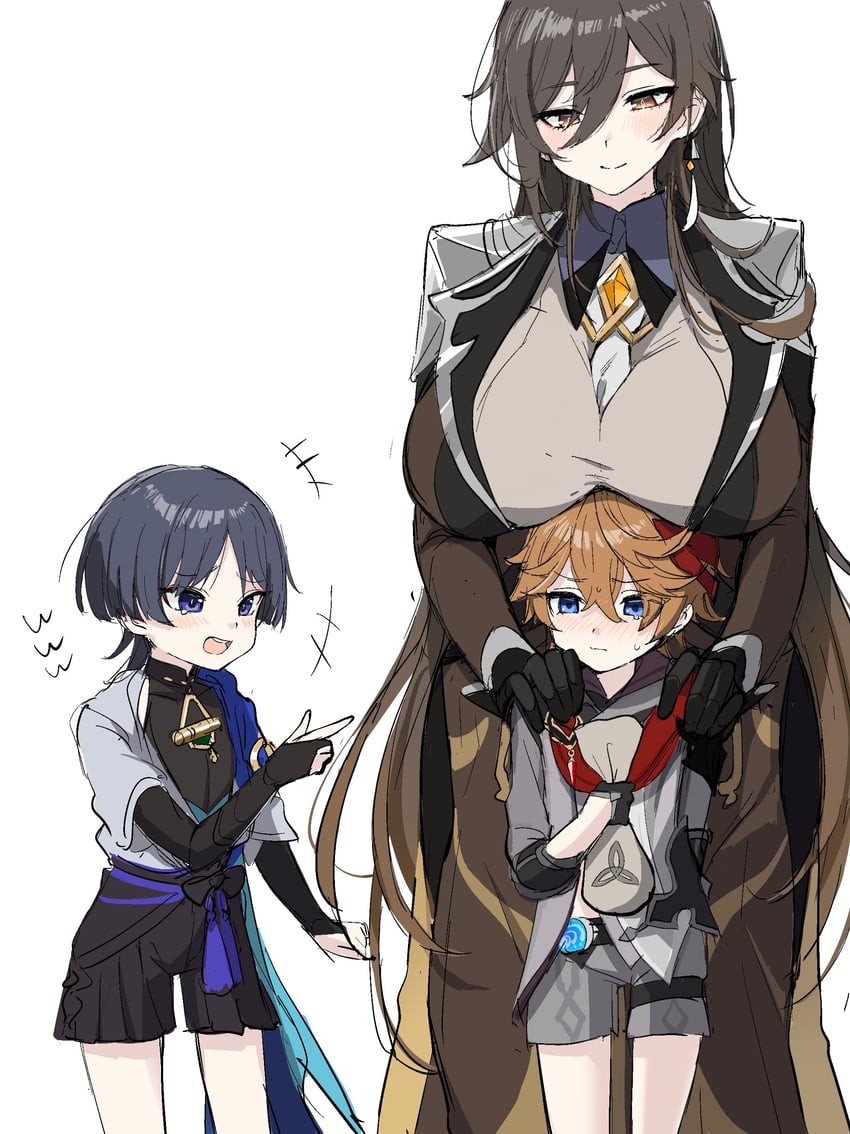 scaramouche, zhongli, wanderer, and tartaglia (genshin impact) drawn by nipio