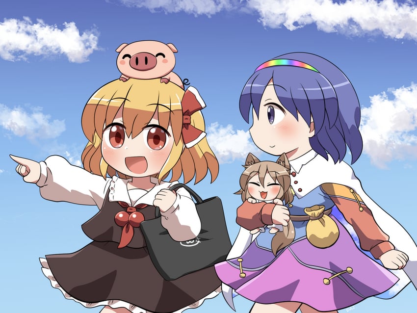 rumia, kudamaki tsukasa, and tenkyuu chimata (touhou) drawn by rokugou_daisuke