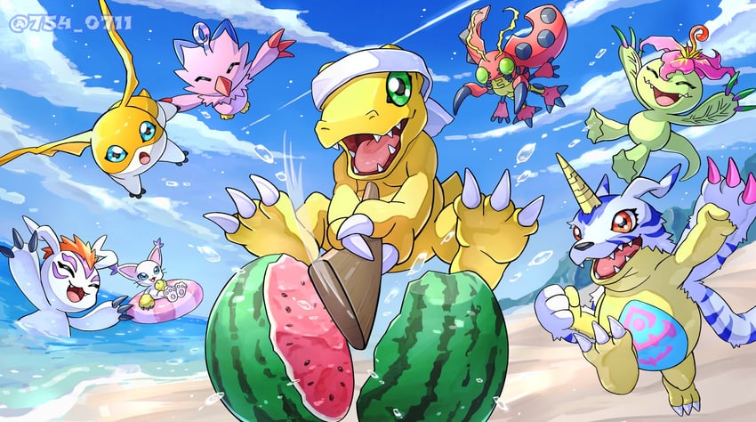 tailmon, agumon, patamon, gabumon, palmon, and 3 more (digimon) drawn by nagoshi