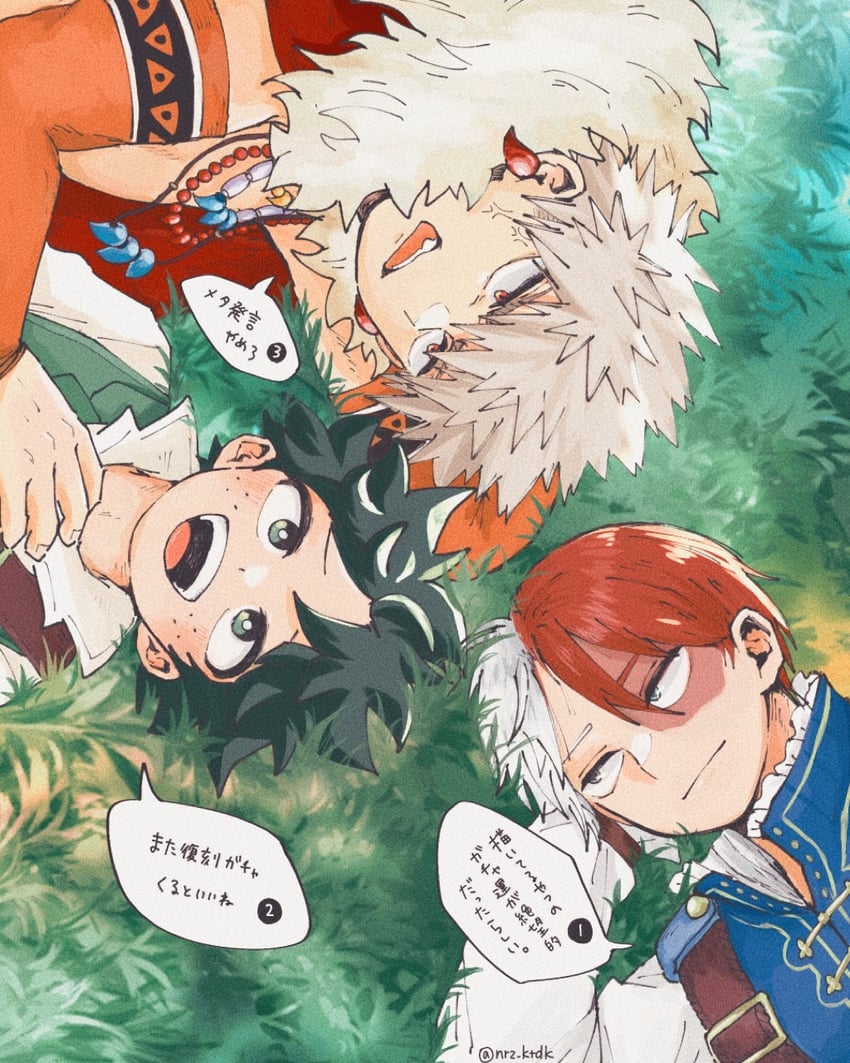 midoriya izuku, bakugou katsuki, and todoroki shoto (boku no hero academia) drawn by nr2_ktdk