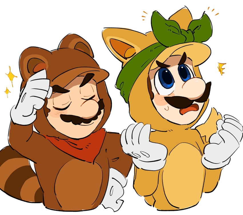 mario, luigi, tanuki mario, and kitsune luigi (mario and 1 more) drawn by mimimi_(mimimim9999)