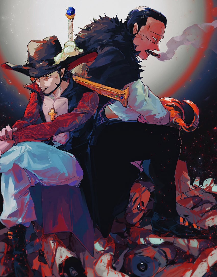 crocodile and dracule mihawk (one piece) drawn by maramara_no_mi