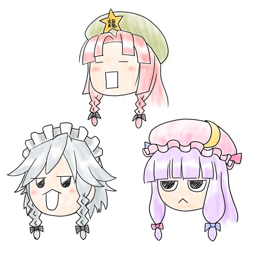 izayoi sakuya, patchouli knowledge, hong meiling, mizunashi akari, alice carroll, and 1 more (touhou and 1 more) drawn by daina_rukawa