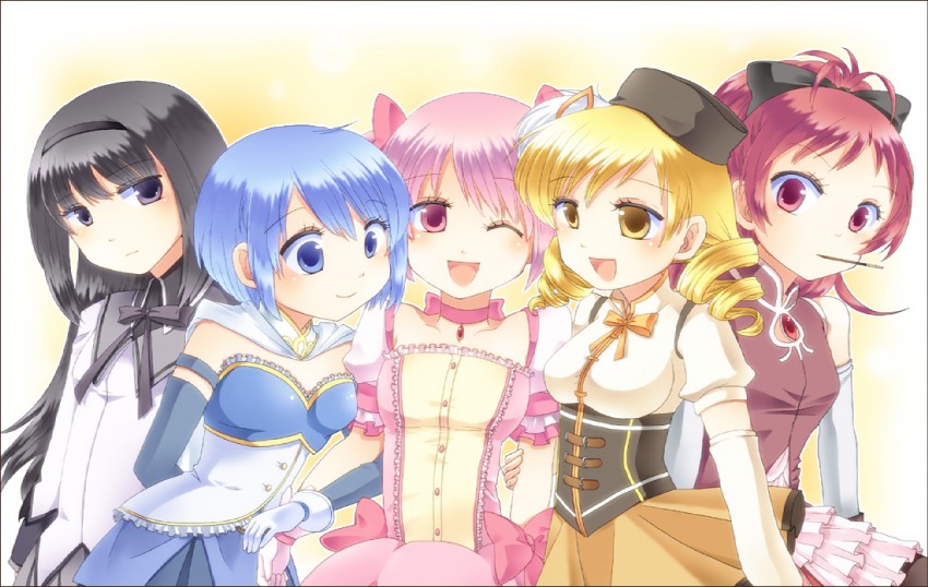 akemi homura, kaname madoka, miki sayaka, sakura kyoko, and tomoe mami (mahou shoujo madoka magica) drawn by t_mochita