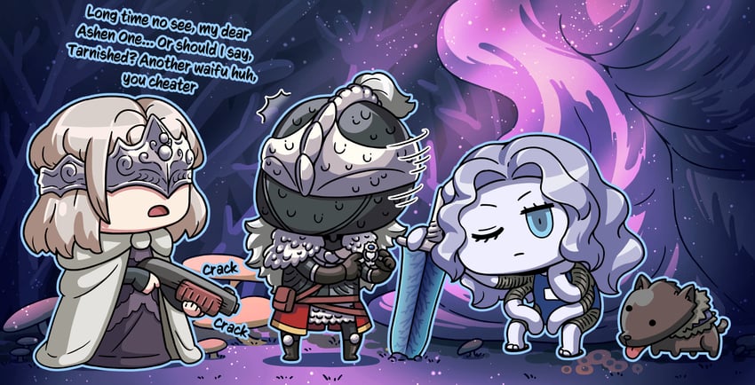 ranni the witch, tarnished, fire keeper, blaidd the half-wolf, and bloody wolf (elden ring and 4 more) drawn by miraiyasha