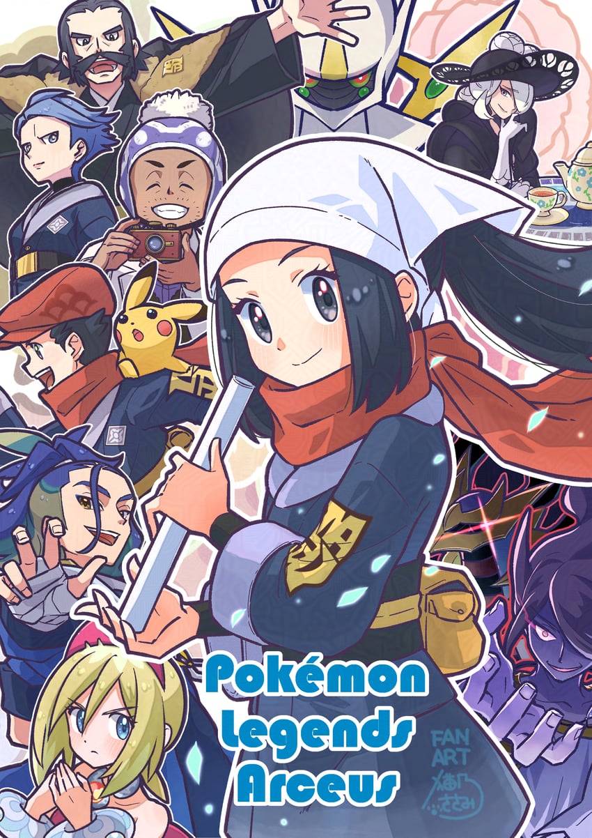 pikachu, akari, irida, volo, rei, and 6 more (pokemon and 1 more) drawn by sasami_642