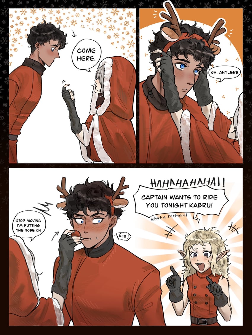 mithrun, kabru, fleki, and rudolph the red nosed reindeer (dungeon meshi) drawn by omelepun