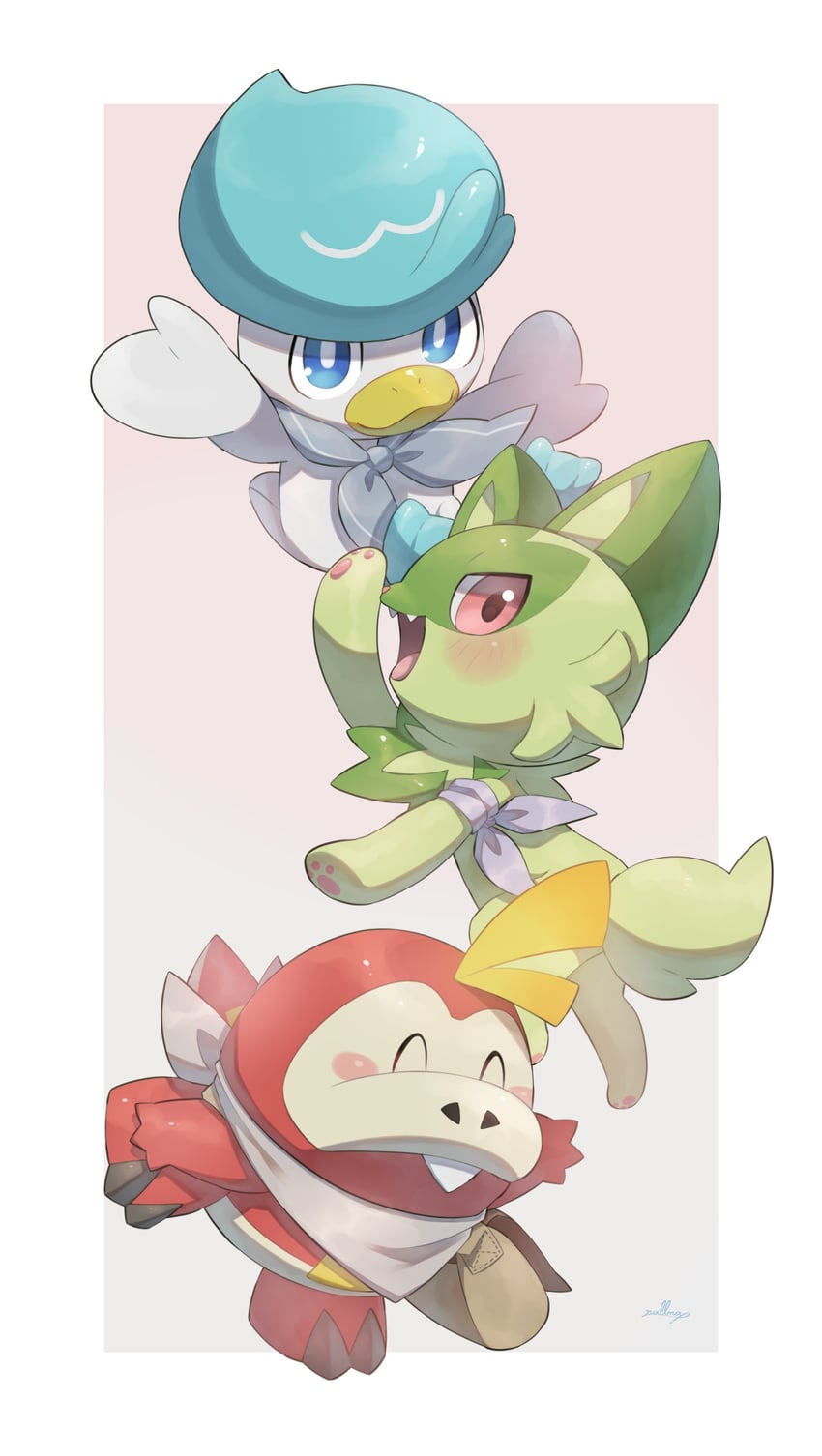 sprigatito, fuecoco, and quaxly (pokemon and 1 more) drawn by nullma