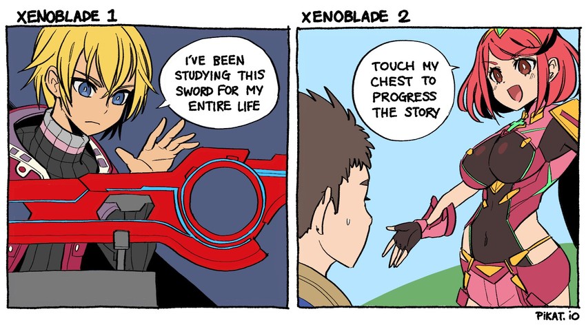 pyra, rex, and shulk (xenoblade chronicles and 2 more) drawn by pikat