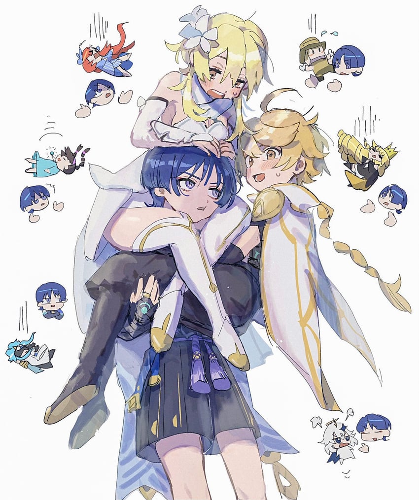 lumine, scaramouche, aether, wanderer, paimon, and 3 more (genshin impact) drawn by tokodenashi