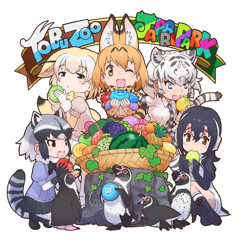 serval, common raccoon, fennec, humboldt penguin, and white tiger (kemono friends) drawn by yoshizaki_mine