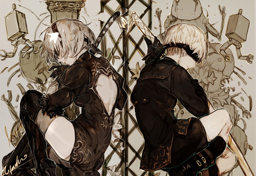 2b, 9s, pod, and machine (nier and 1 more) drawn by hiranko