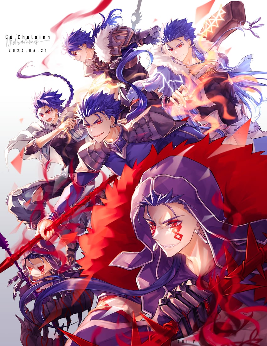cu chulainn alter, cu chulainn, setanta, and mini cu-chan (fate and 1 more) drawn by zuif_d