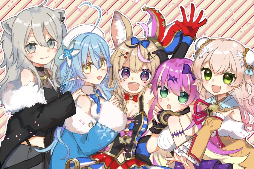 yukihana lamy, shishiro botan, omaru polka, momosuzu nene, and mano aloe (hololive) drawn by higashi_miyako