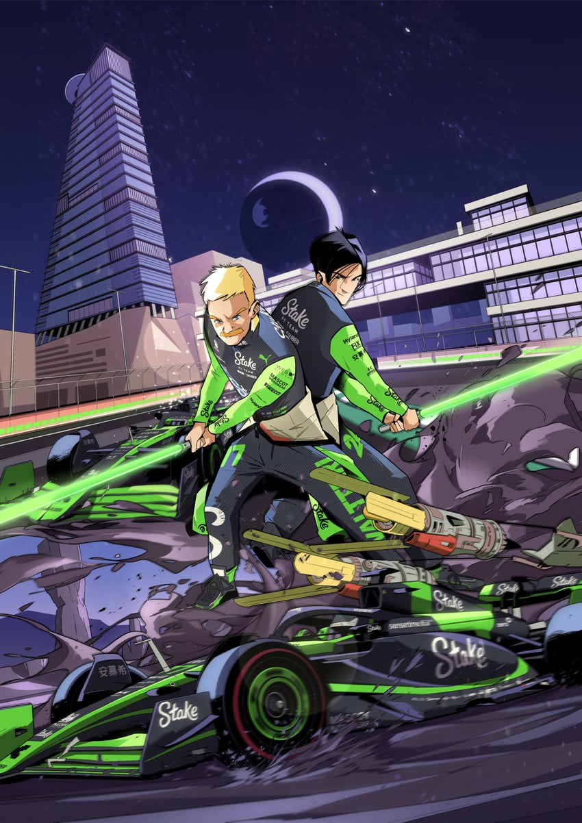 zhou guanyu and valtteri bottas (real life and 3 more) drawn by juan_alcala